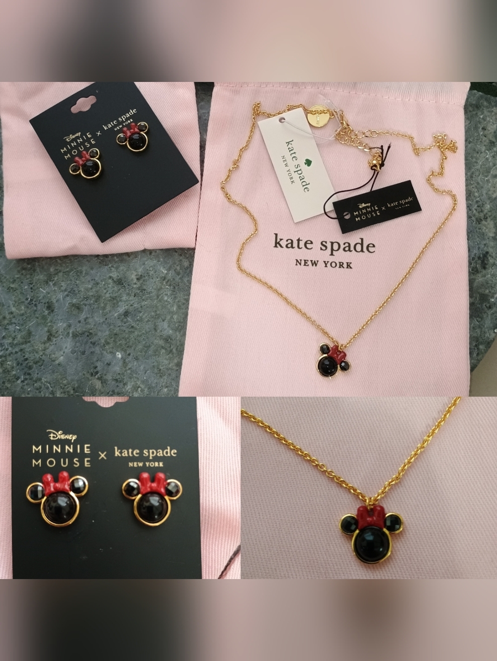 Disney Minnie Mouse X Kate Spade Necklace & Stud Earring Set Black Pearl
